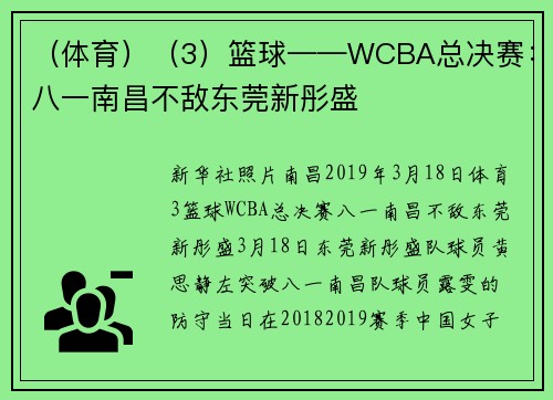（体育）（3）篮球——WCBA总决赛：八一南昌不敌东莞新彤盛